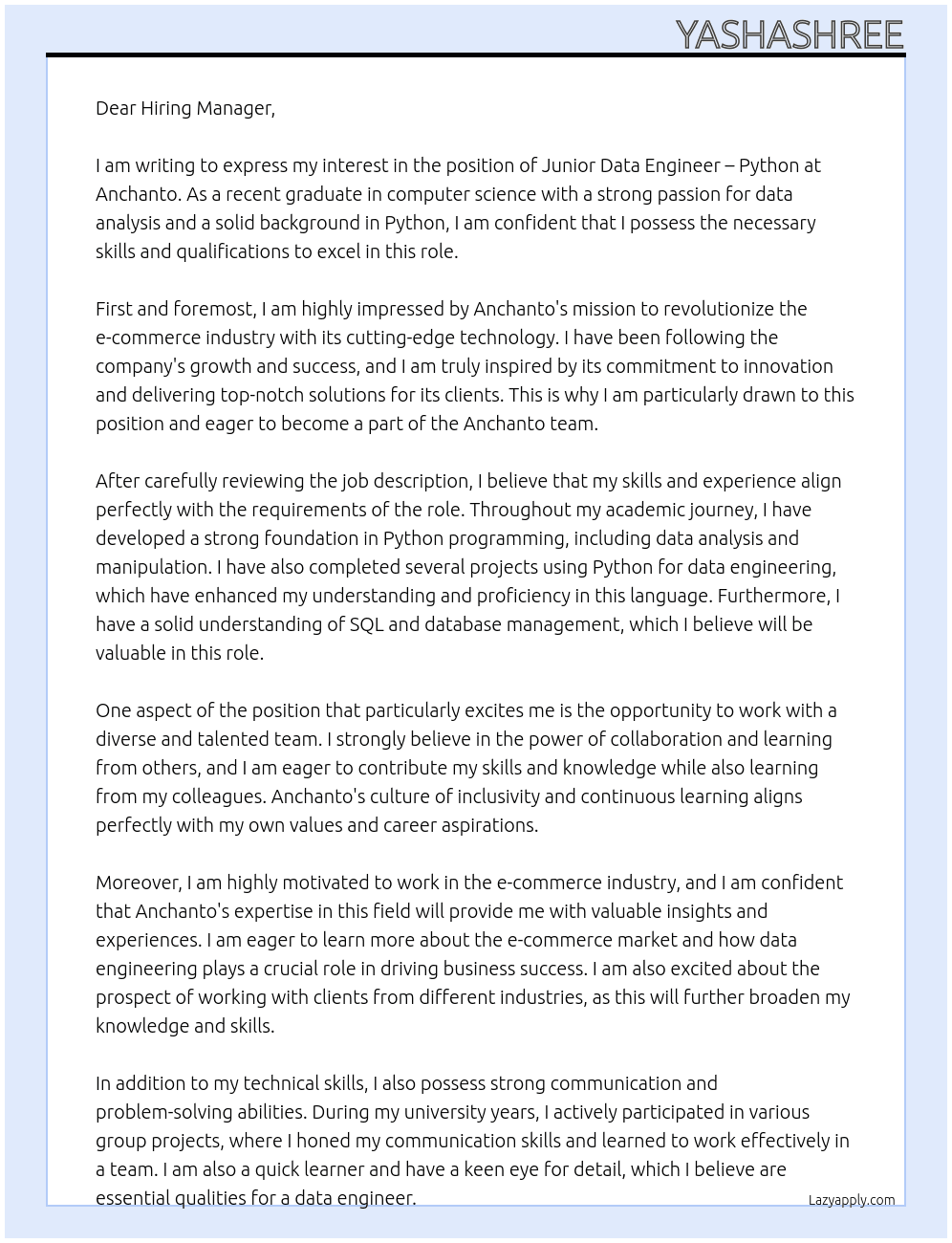 Junior Data Engineer – Python At Anchanto Cover Letter