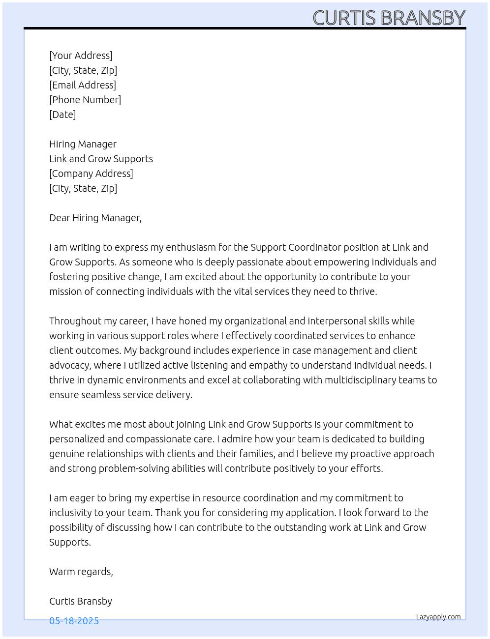 Support Coordinator At Link and Grow Supports Cover Letter