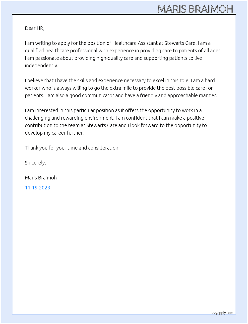 Healthcare Assistant  At Stewarts Care Cover Letter