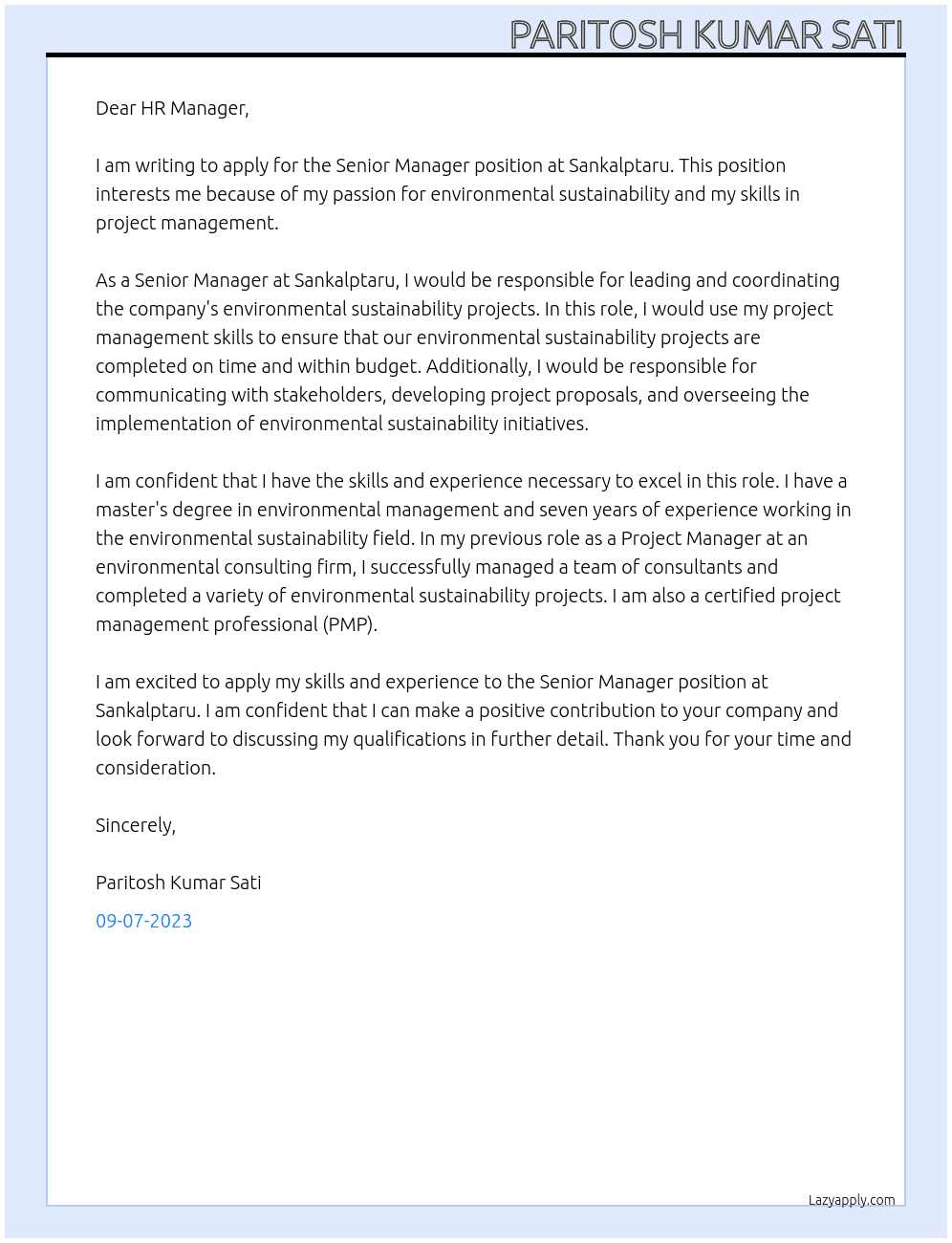 Senior Manager At Sankalptaru Cover Letter