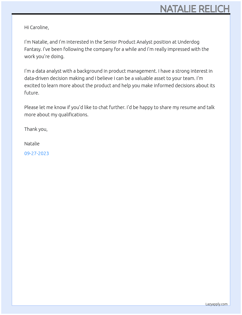 Senior Product Analyst At Underdog fantasy Cover Letter