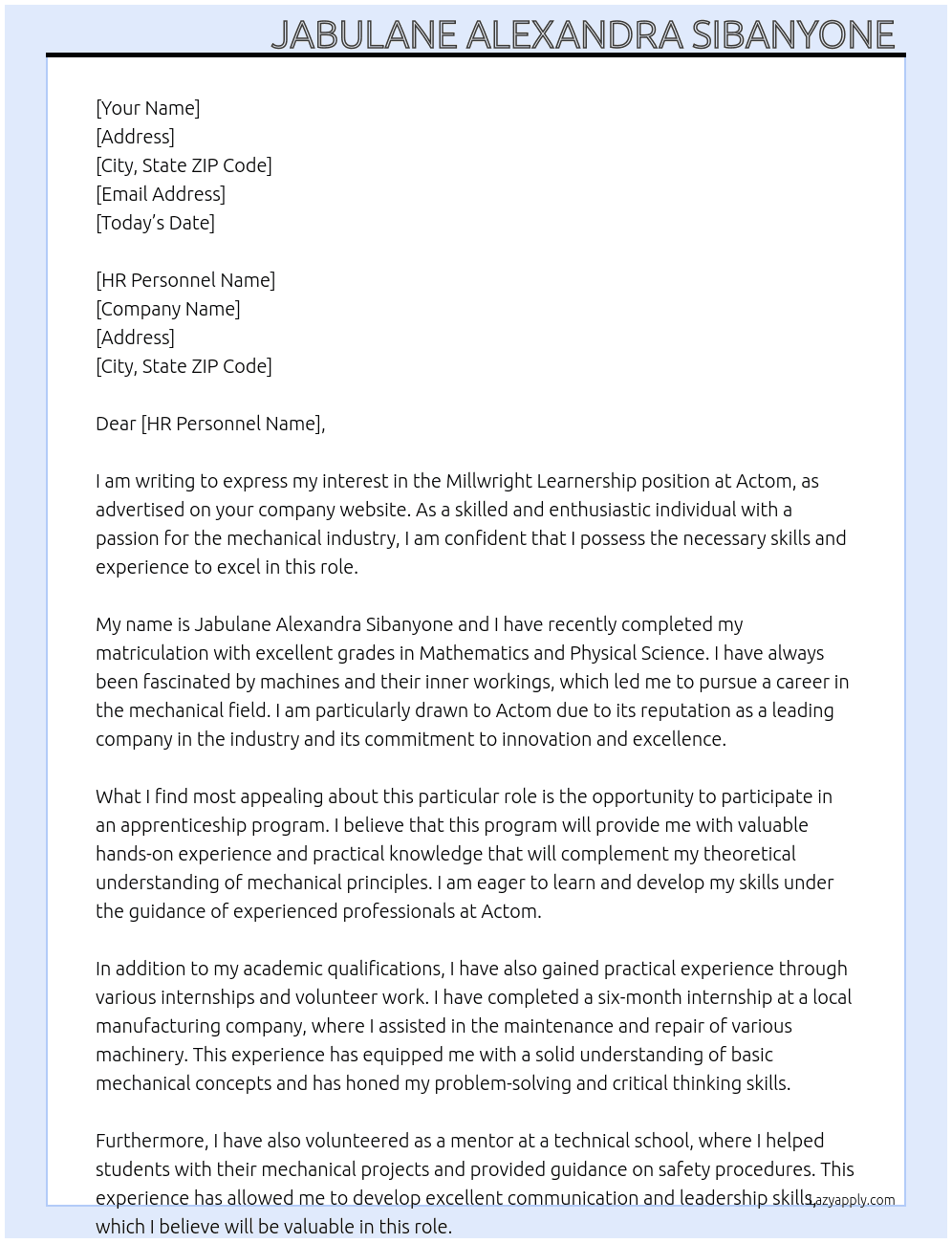 Cover letter for millwright learnership - LazyApply