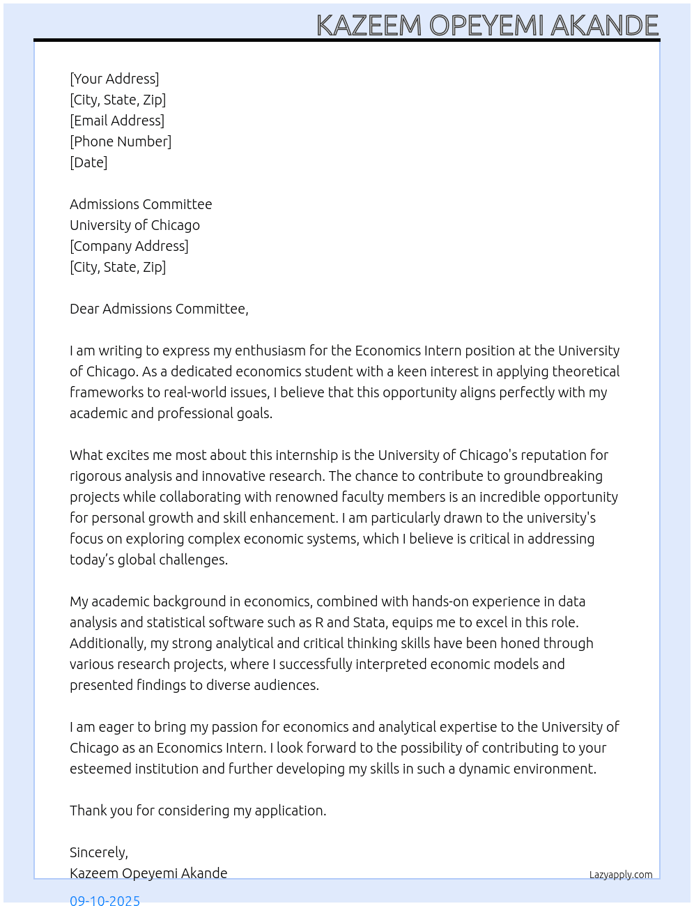 Economics Intern At University of Chicago Cover Letter