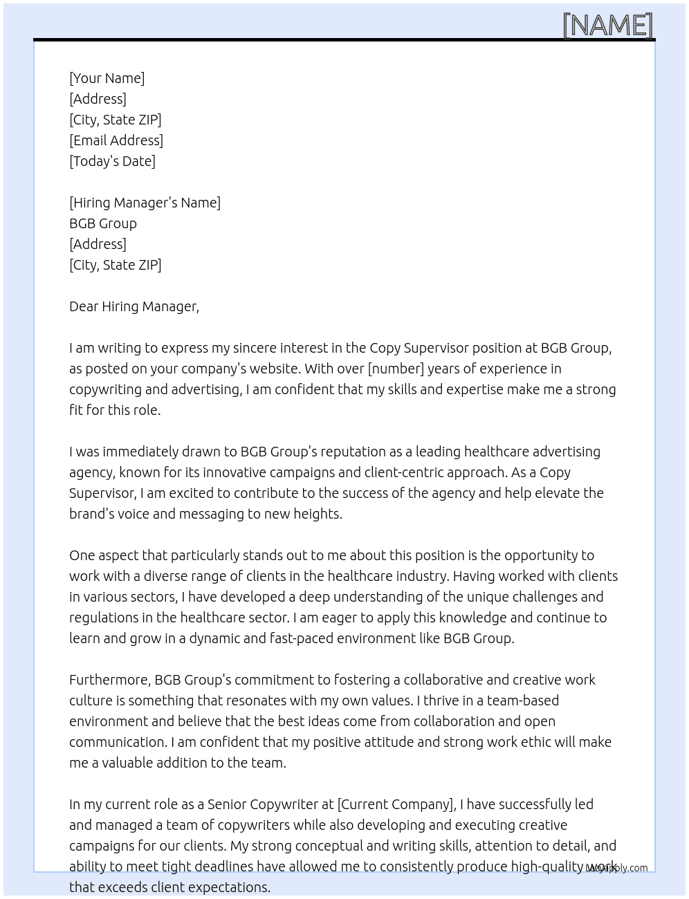 Copy Supervisor At BGB Group Cover Letter