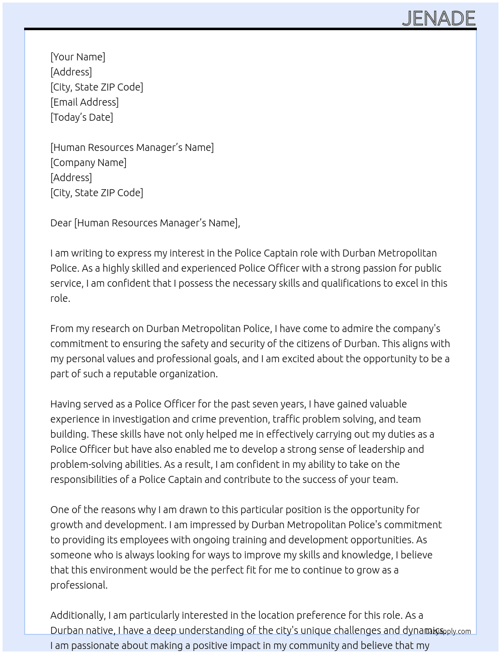 police officer  At Durban Metropoltian police Cover Letter