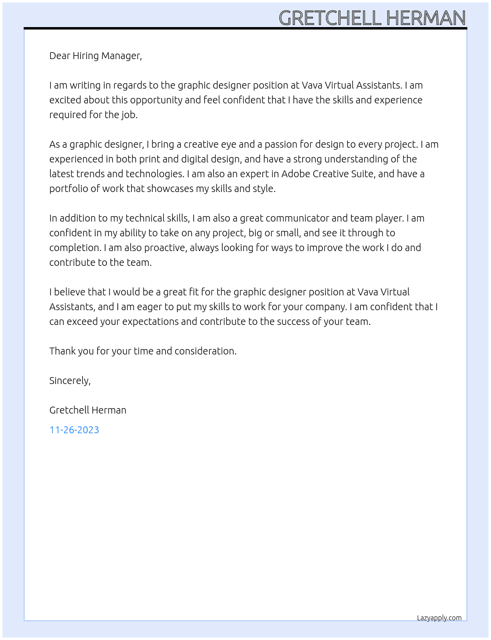 graphic designer At Vava Virtual Assistants Cover Letter