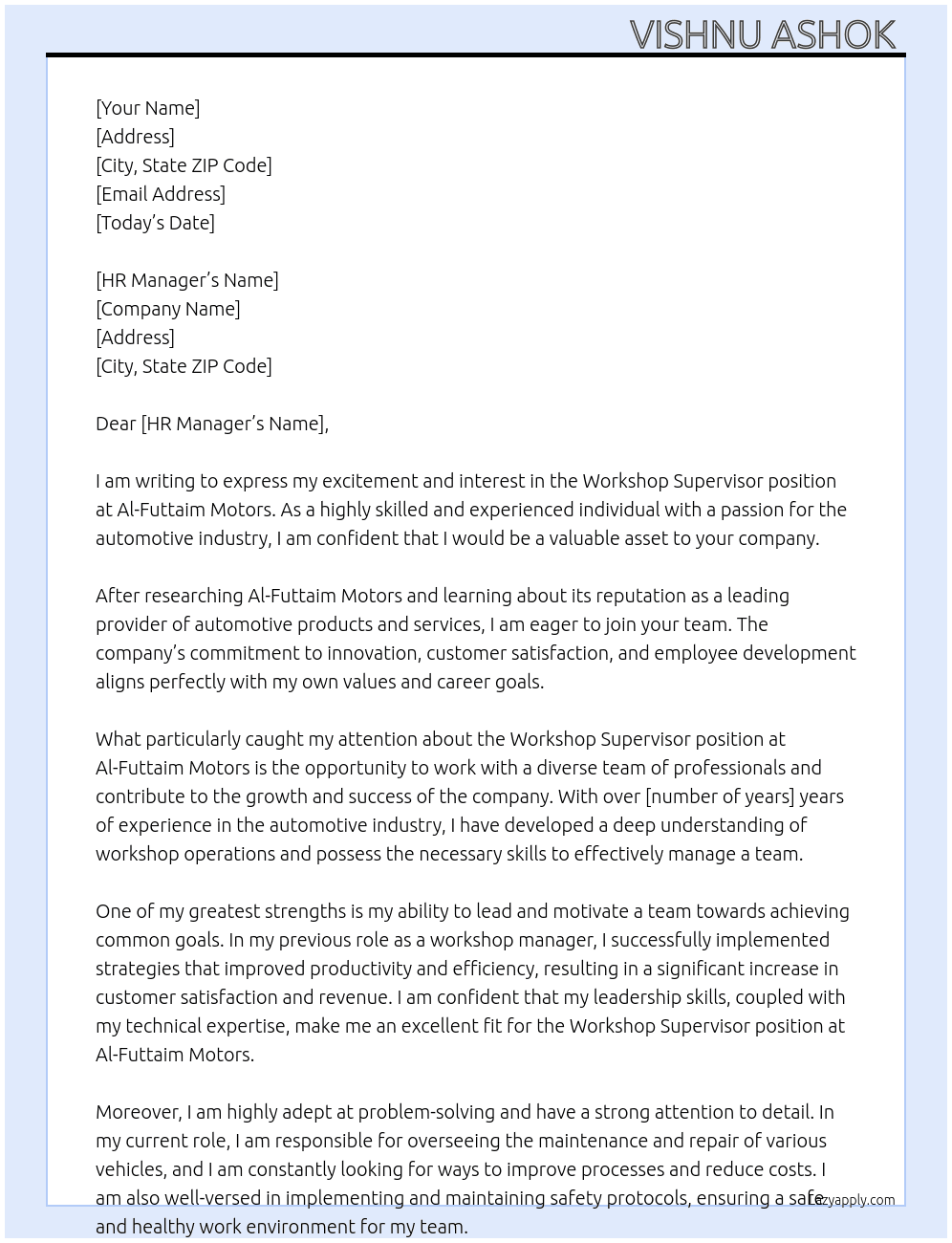 Workshop Supervisor  At Al-Futtaim Motors  Cover Letter