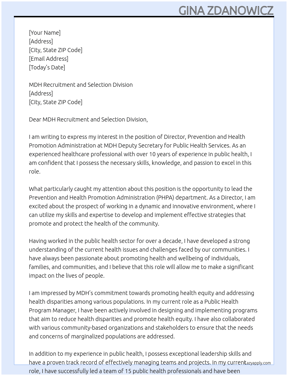 Cover letter for director, prevention and health promotion administration - LazyApply