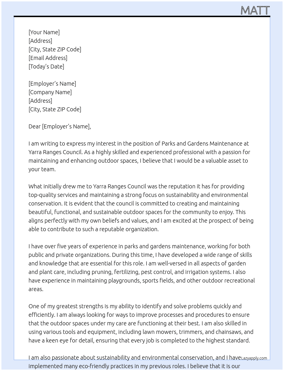Parks and gardens maintenance At Yarra ranges council Cover Letter