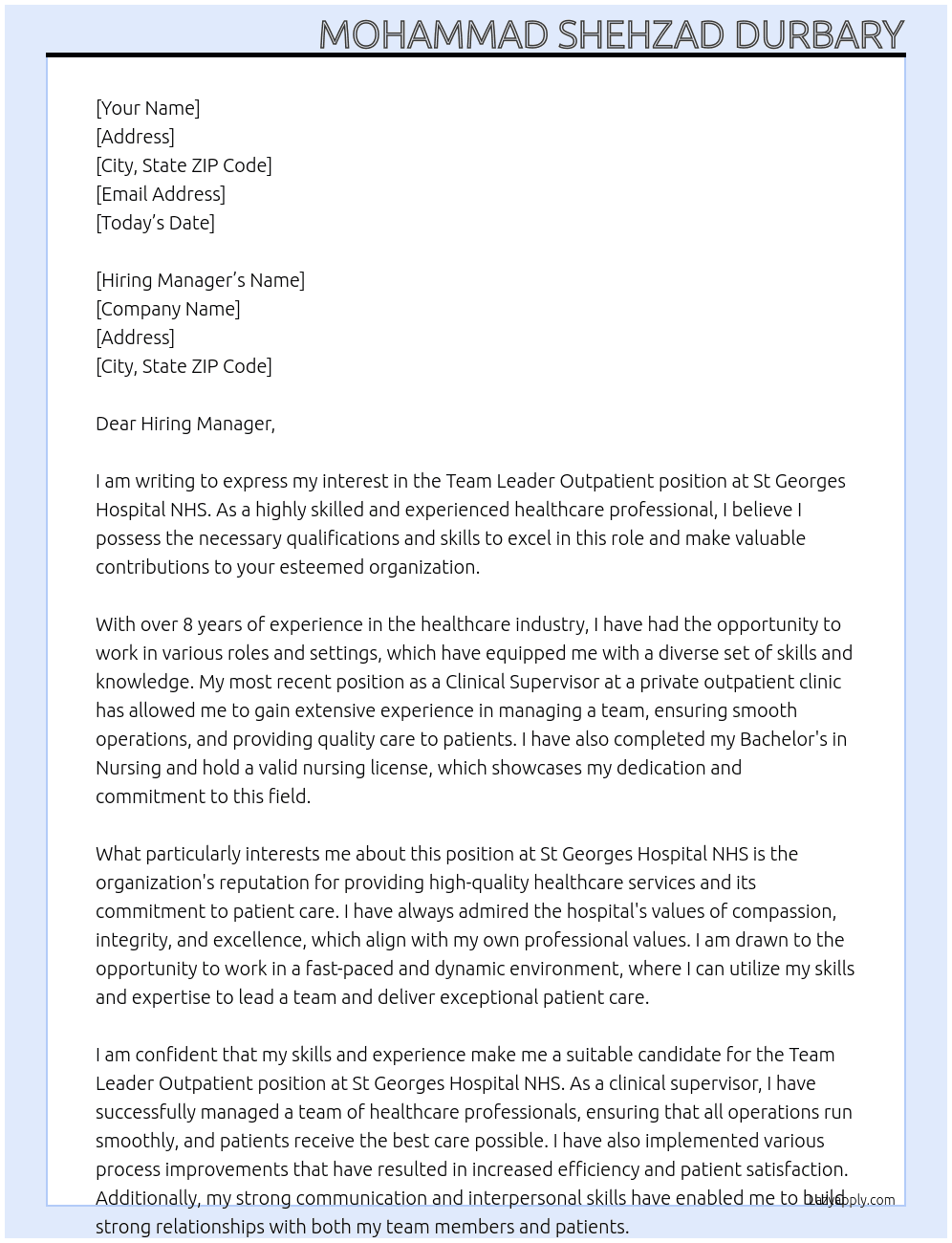 Team Leader Outpatient At St Georges Hospital NHS Cover Letter