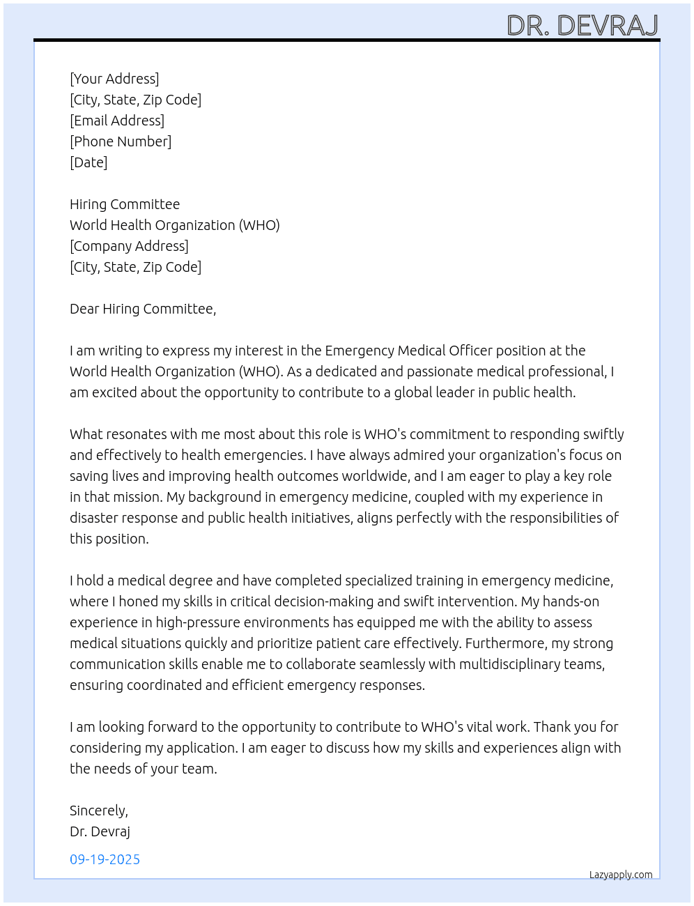 Emergency Medical Officer At WHO Cover Letter