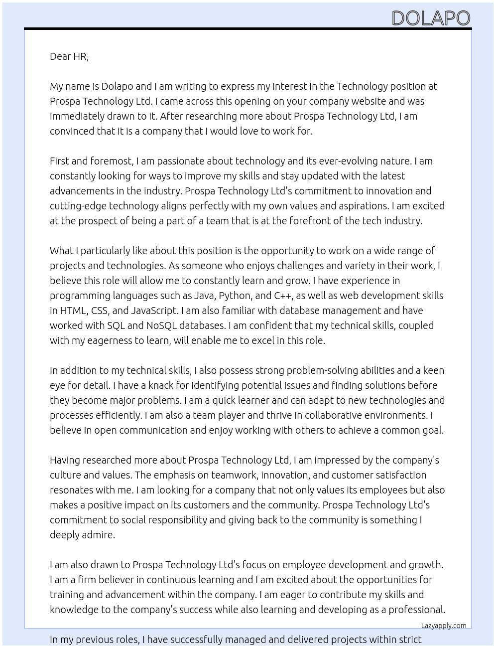 Technology  At Prospa Technology Ltd  Cover Letter