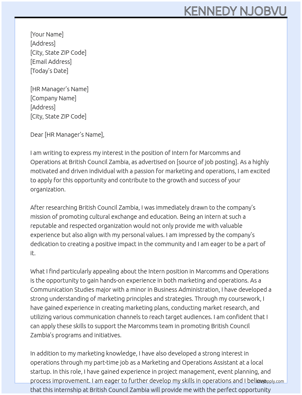 Intern – Marcomms and Operations At British Council Zambia Cover Letter