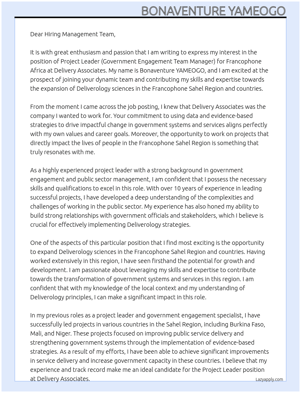 Project Leader (Government Engagement Team Manager) - Francophone Africa At Delivery Associates Cover Letter