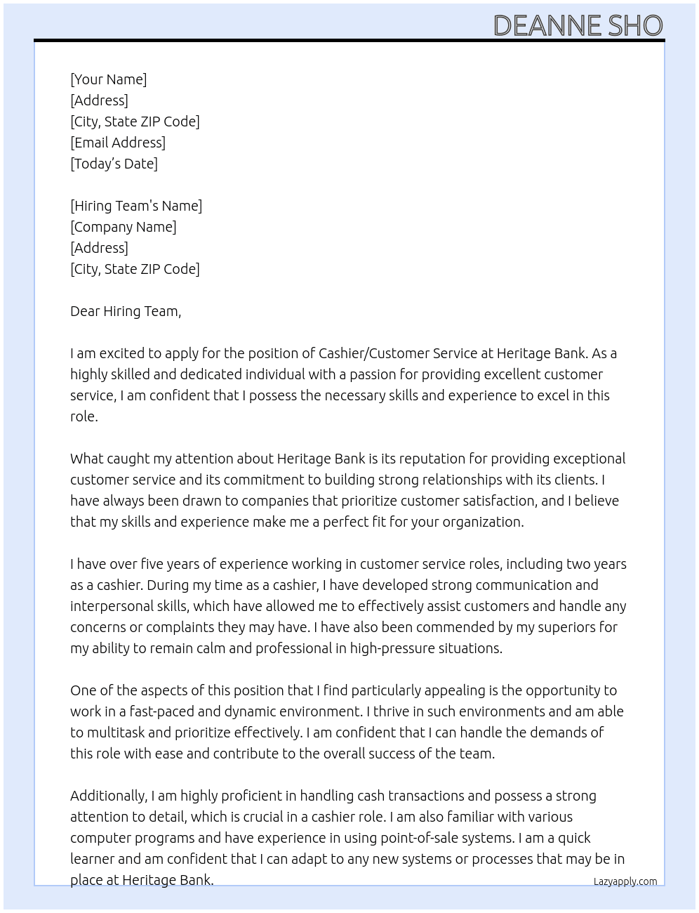 Cashier/Customer Service  At Heritage bank  Cover Letter