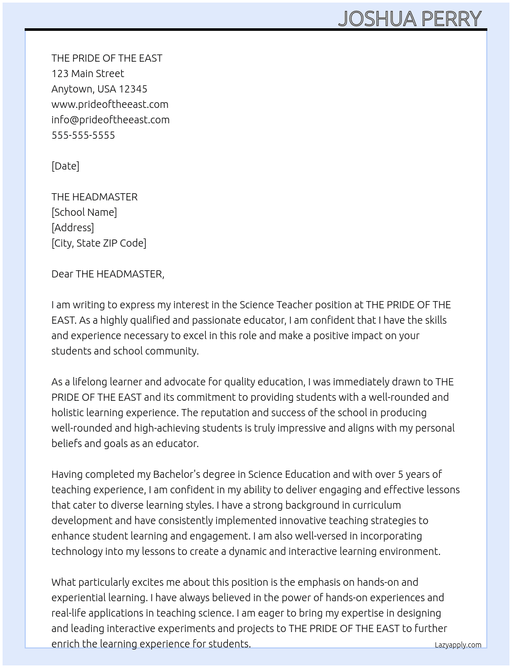  Science Teacher  At THE PRIDE OF THE EAST  Cover Letter