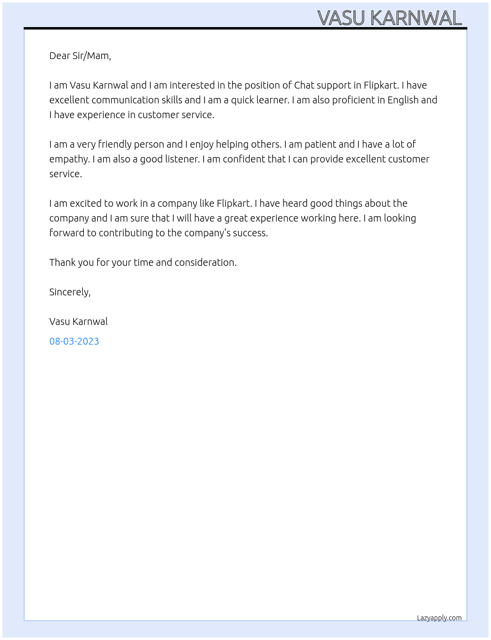 Chat support  At Flipkart  Cover Letter
