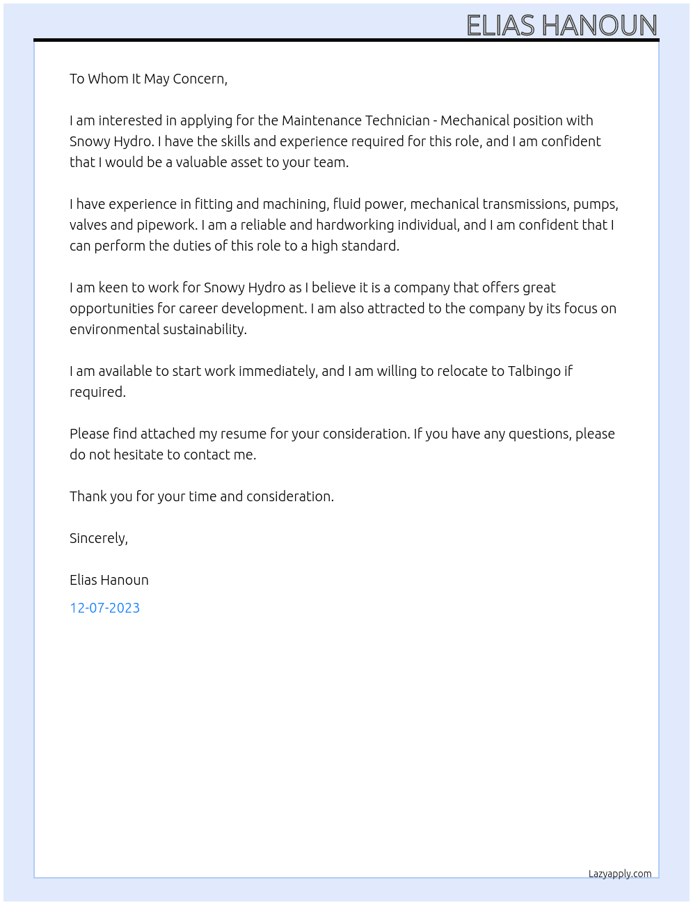 Maintenance Technician - Mechanical At Snowy Hydro Cover Letter
