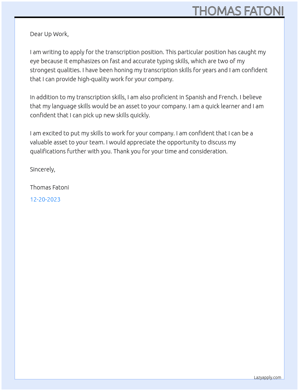 transcription At up work Cover Letter