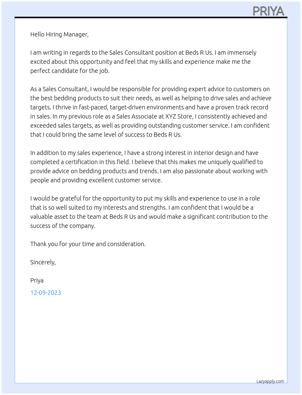 sales consultant At Beds R Us Cover Letter
