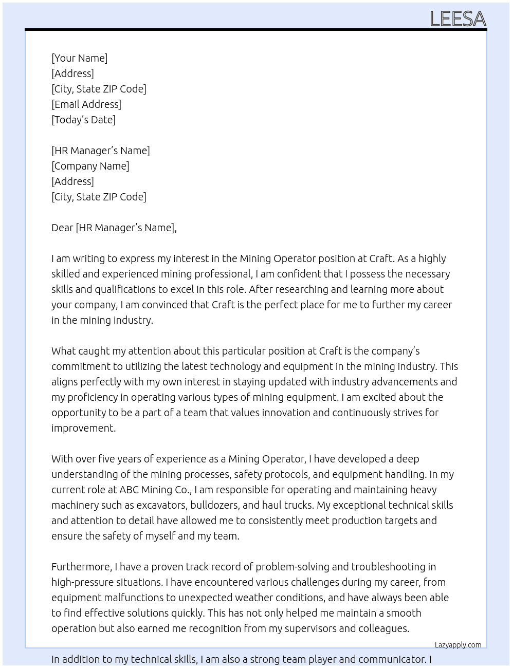 Cover letter for mining operator - LazyApply