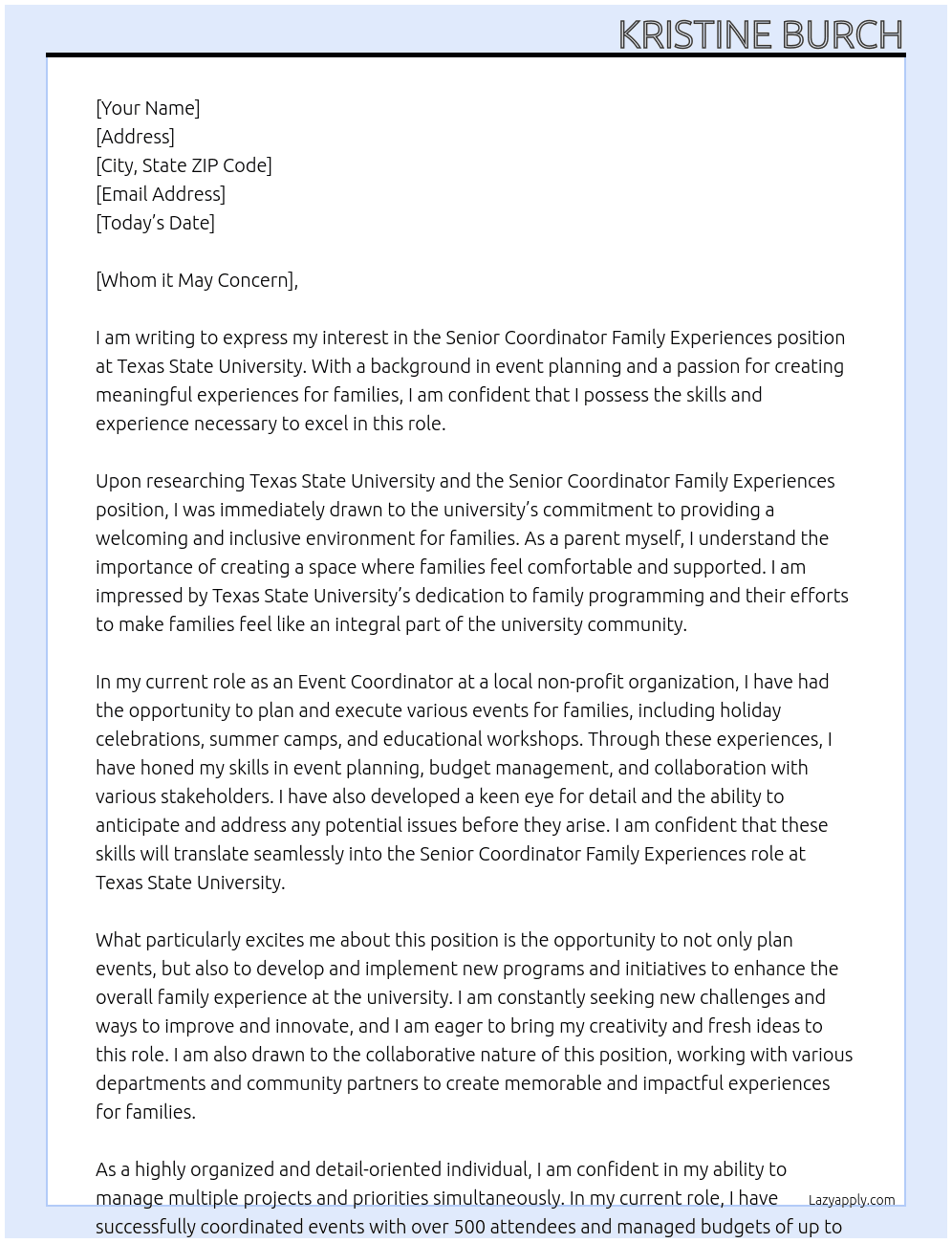 Senior Coordinator Family Experiences At Texas State University Cover Letter