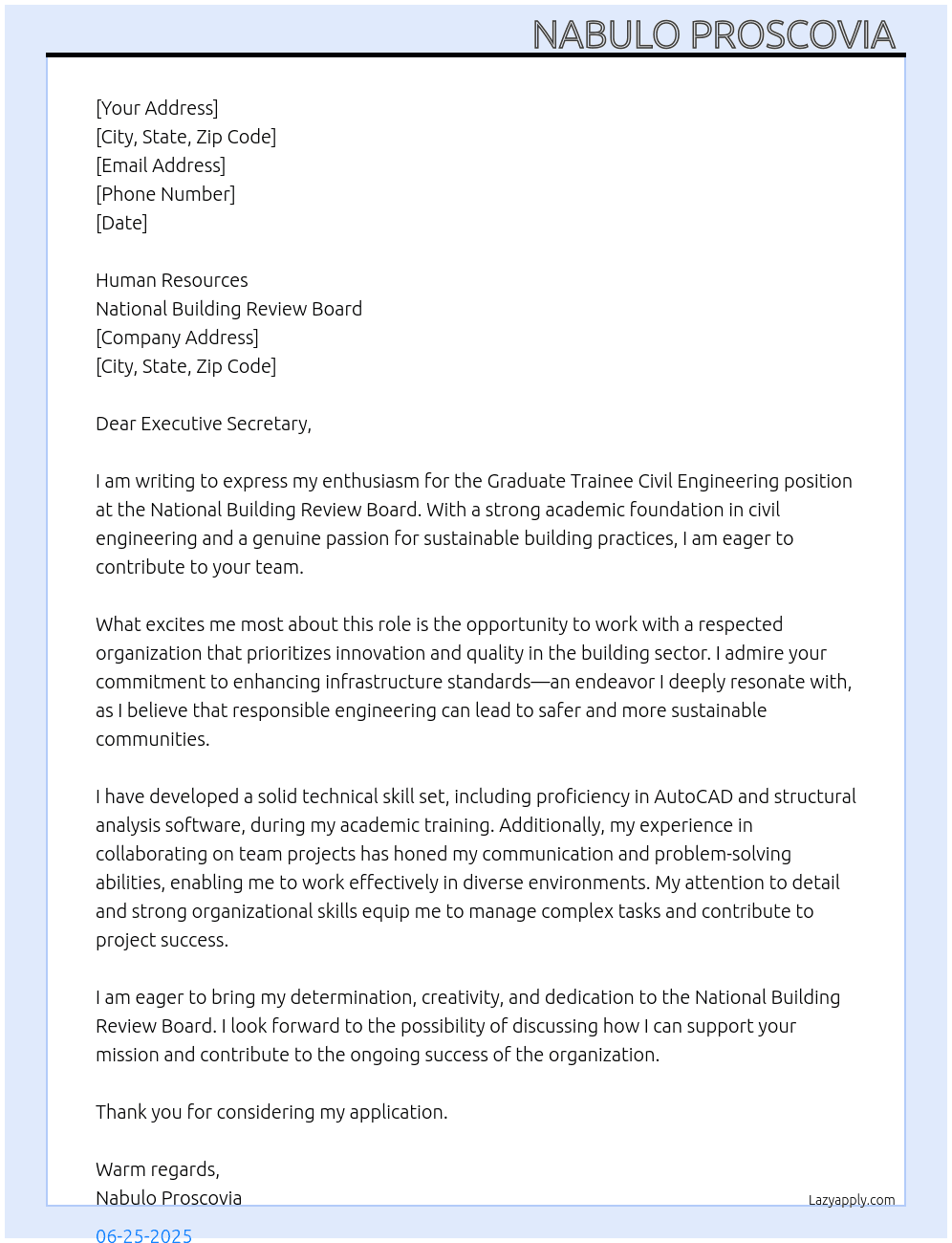 Cover letter for graduate trainee civil engineering - LazyApply