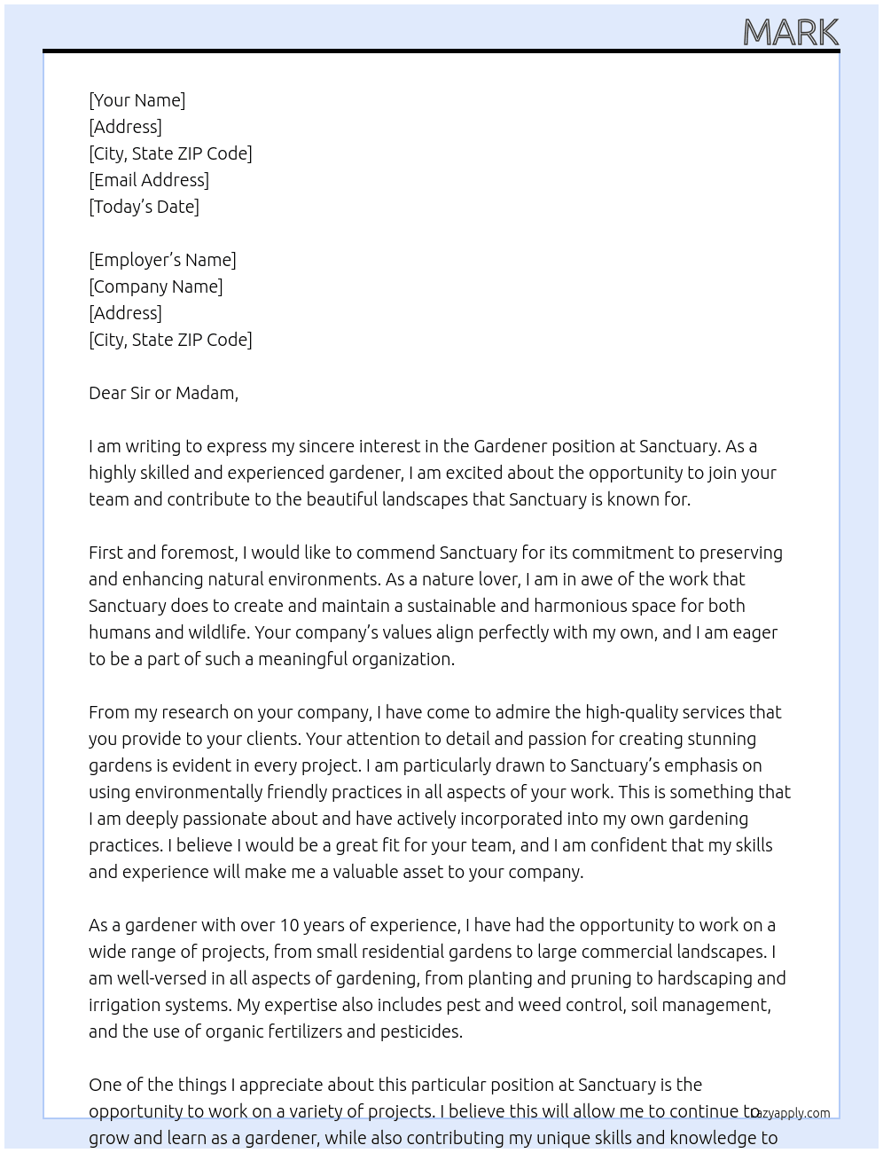 gardener At Sanctuary Cover Letter