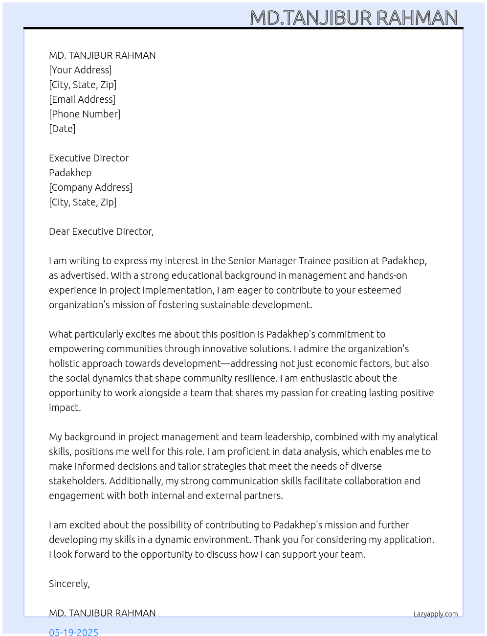Senior Manager Trainee  At Padakhep Cover Letter