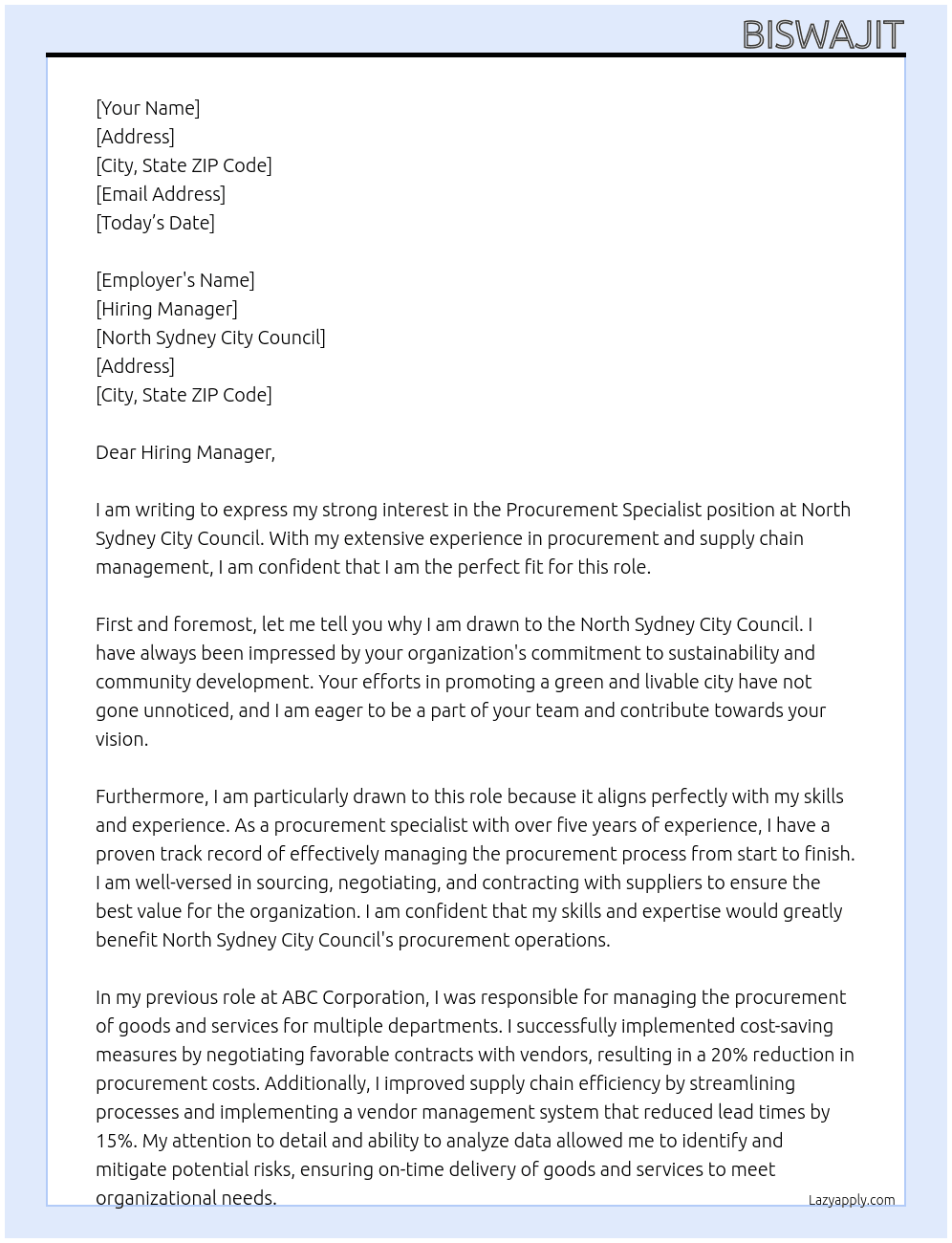 Procurement specialist At North Sydney City Council Cover Letter