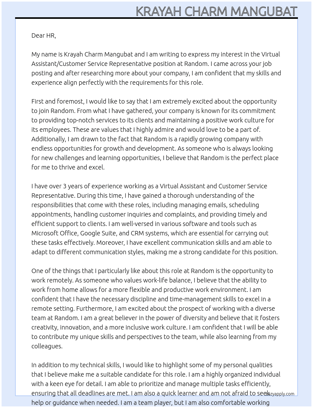 Virtual Assistant/ Customer Service Representative At Random Cover Letter