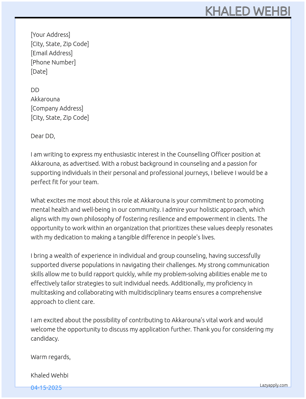 Cover letter for counselling officer - LazyApply