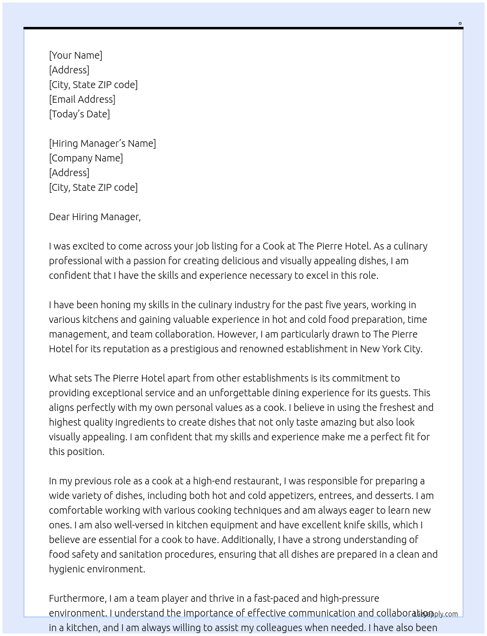Cook At The Pierre Hotel Cover Letter
