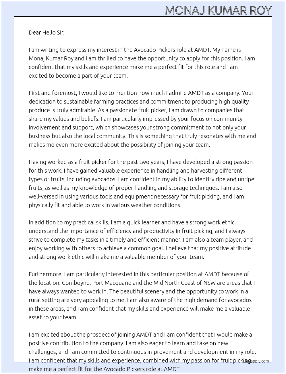 Avocado Pickers At AMDT Cover Letter