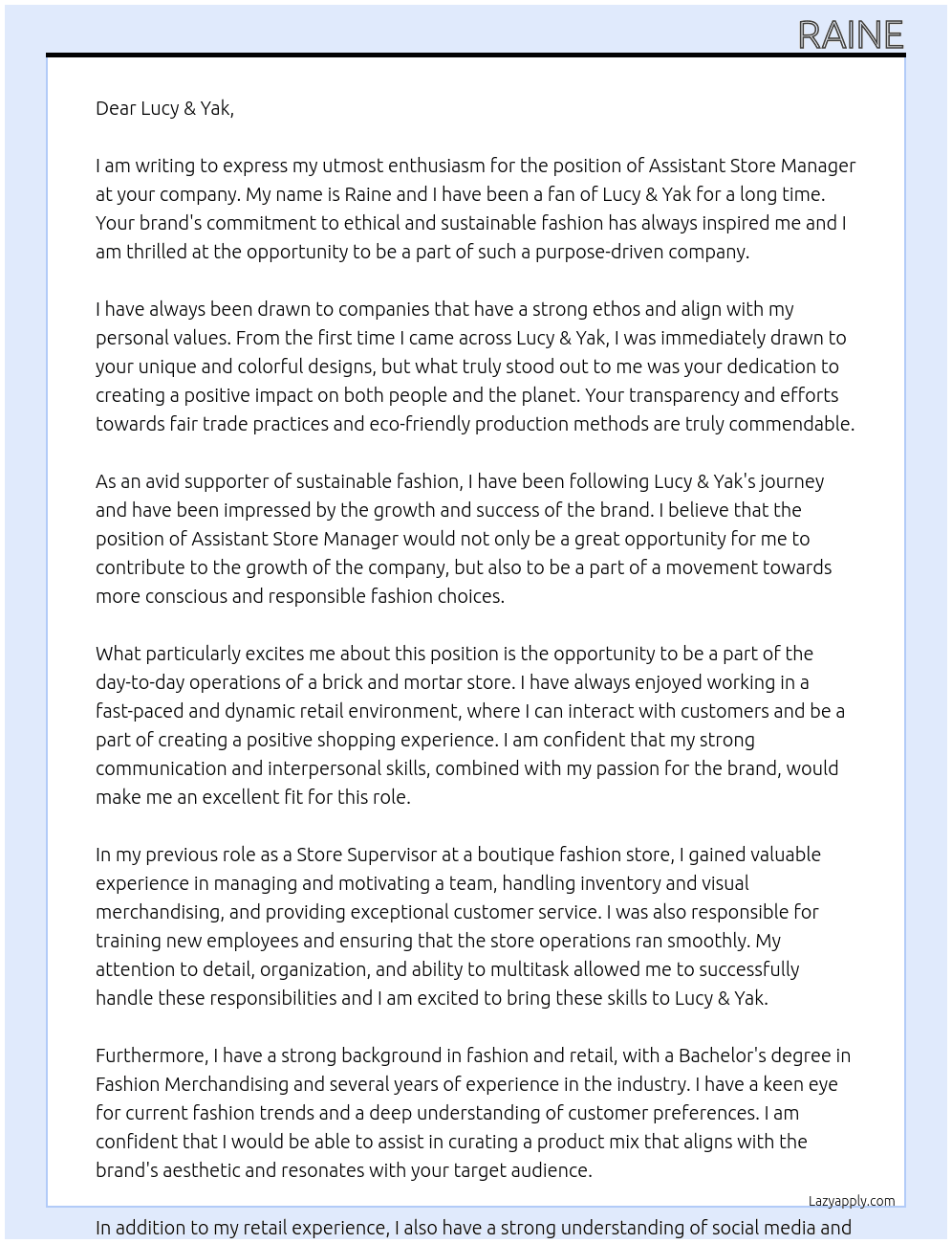 Assistant Store Manager At Lucy & Yak Cover Letter