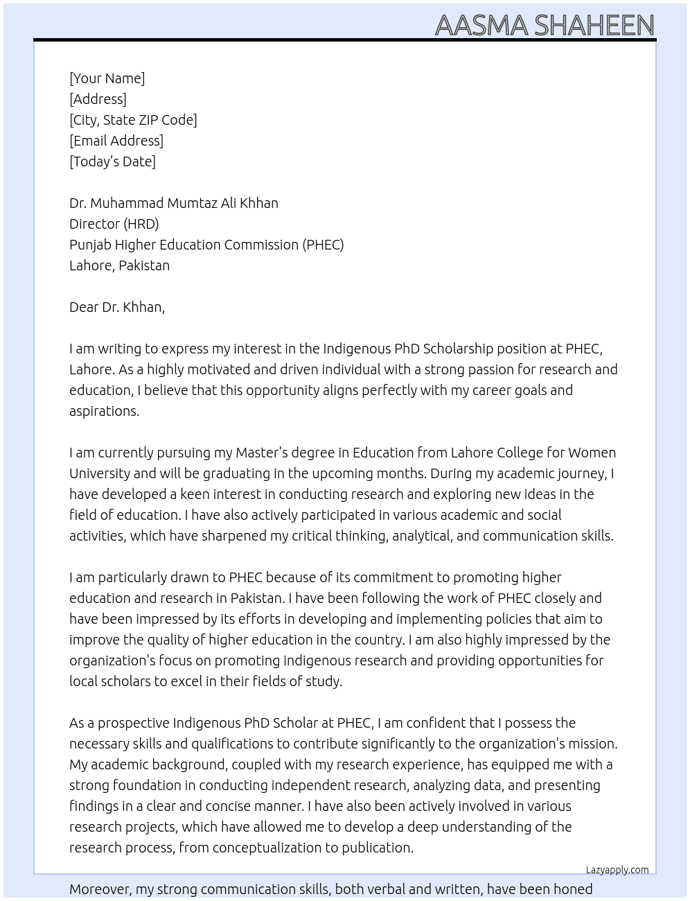 INDIGENOUS PHD SCHOLARSHIP At PHEC, LAHORE Cover Letter