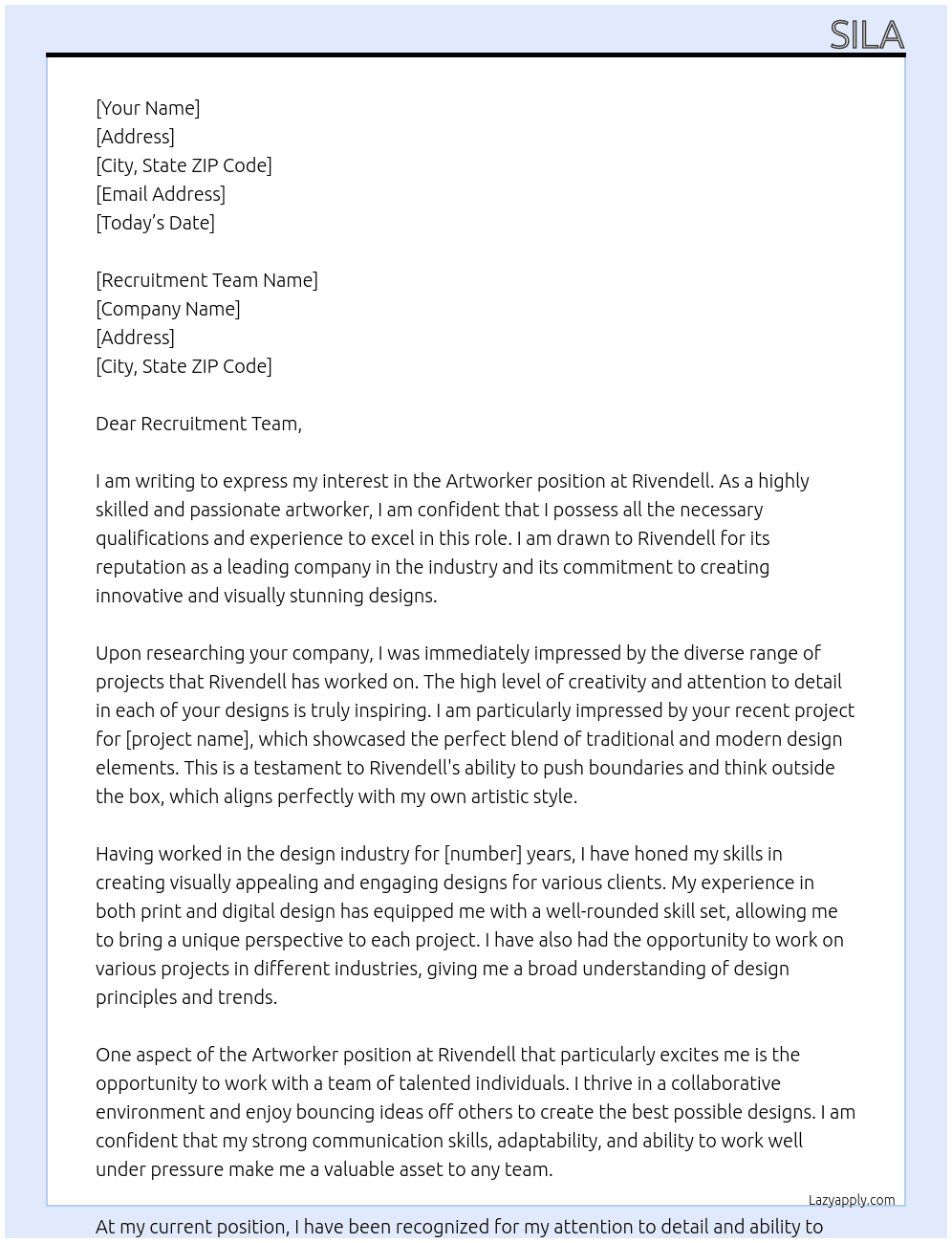 Artworker At Rivendell Cover Letter