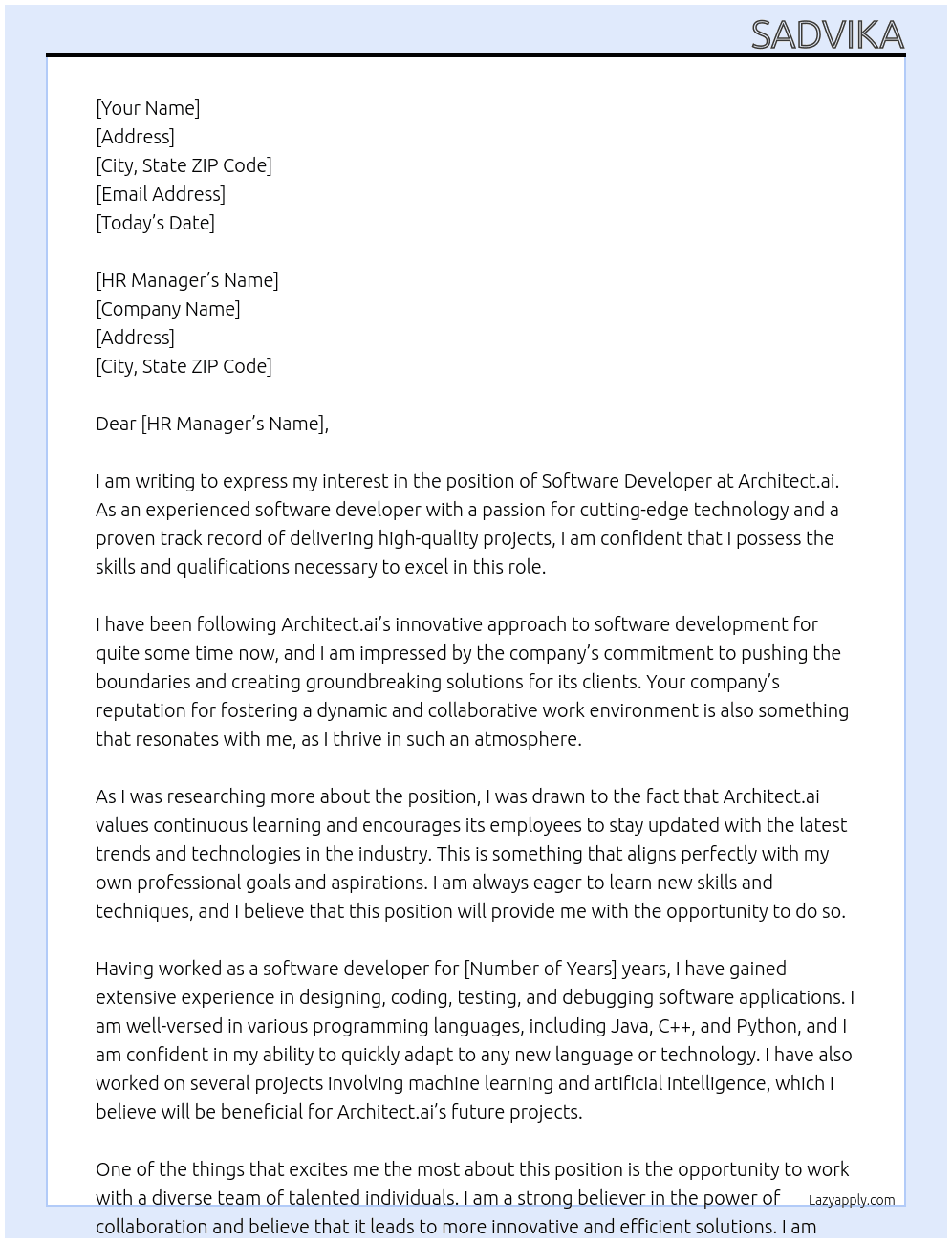Software developer  At Architect.ai Cover Letter