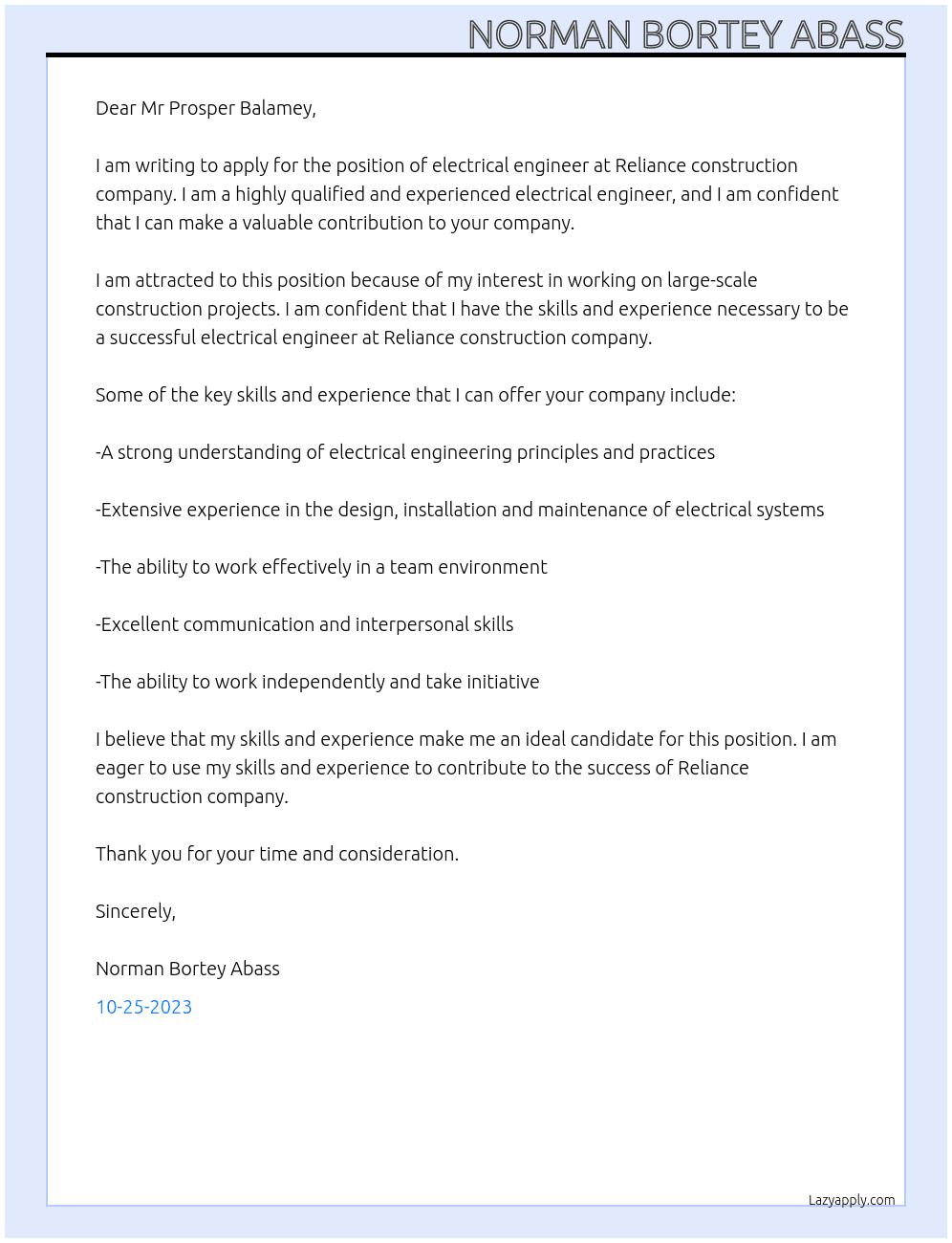 Electrical engineering  At Reliance construction company  Cover Letter