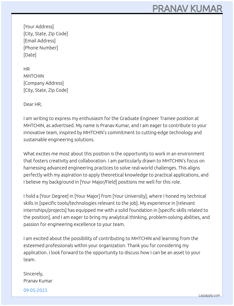 GRADUATE ENGINEER TRAINEE At MHTCHIN Cover Letter