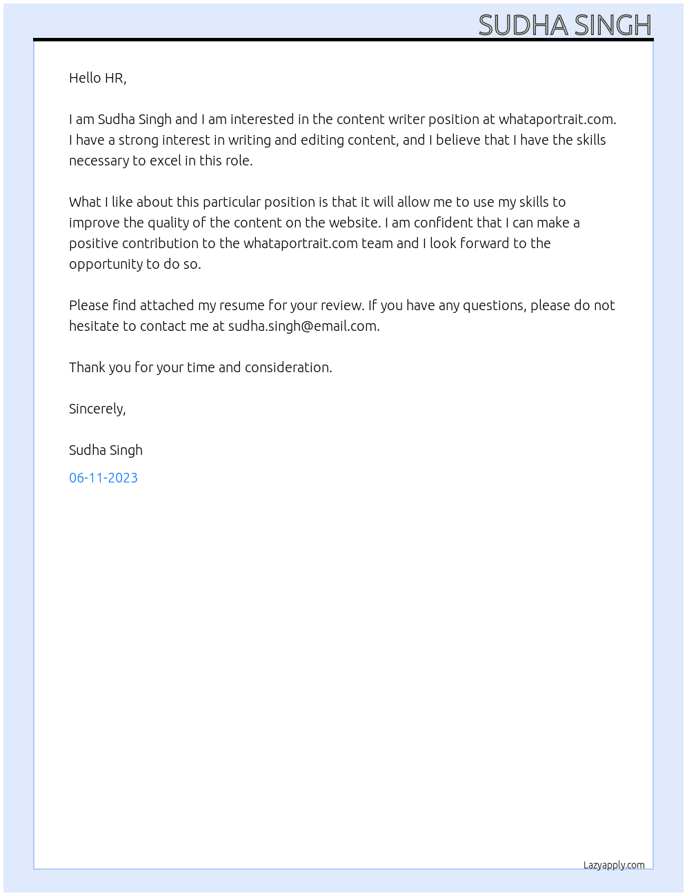 Content writer  At Content editing at whataportrait.com Cover Letter