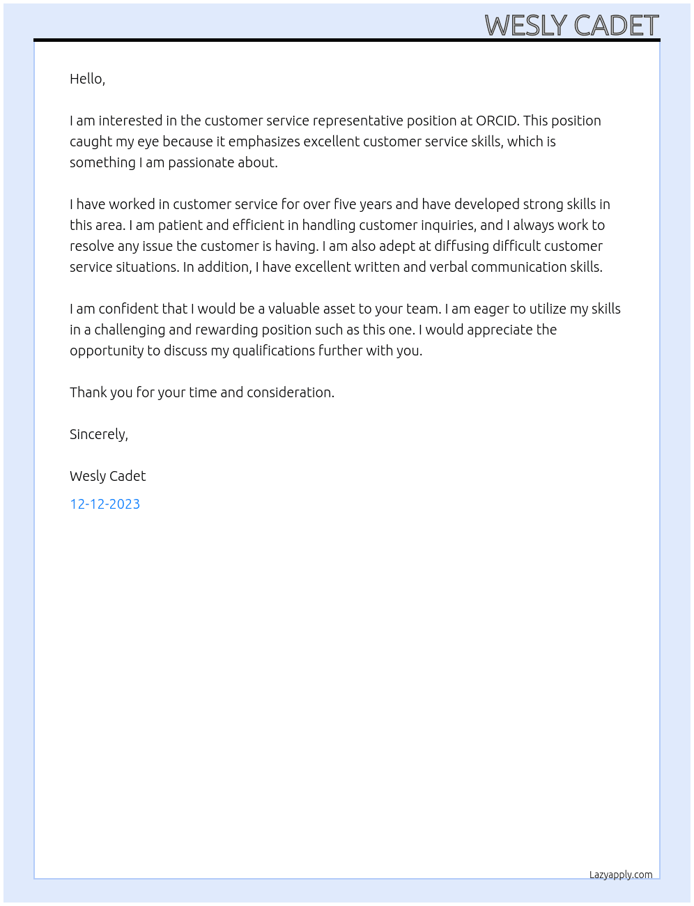 Customer Service Represetatice At ORCID Cover Letter