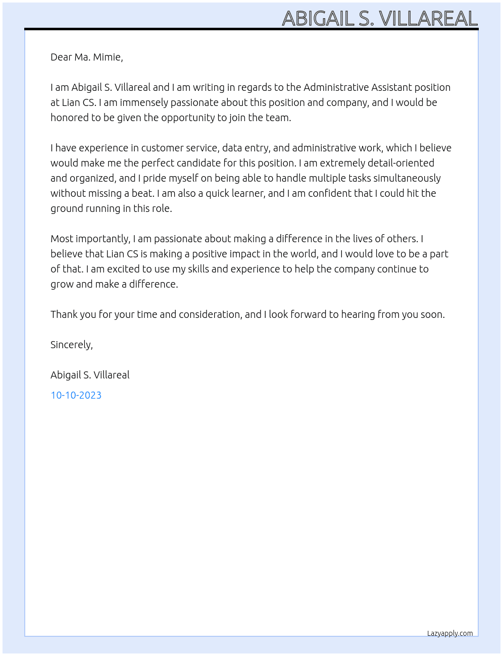 Administrative Assistant At Lian CS Cover Letter