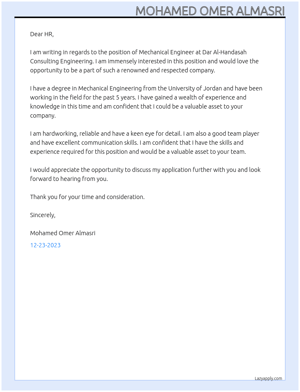 Mechanical Engineer At Dar Al-Handasah Consulting Engineering Cover Letter