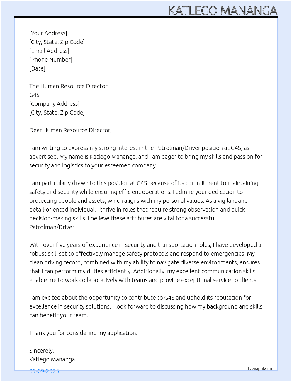 Patrolman/Driver At G4S Cover Letter
