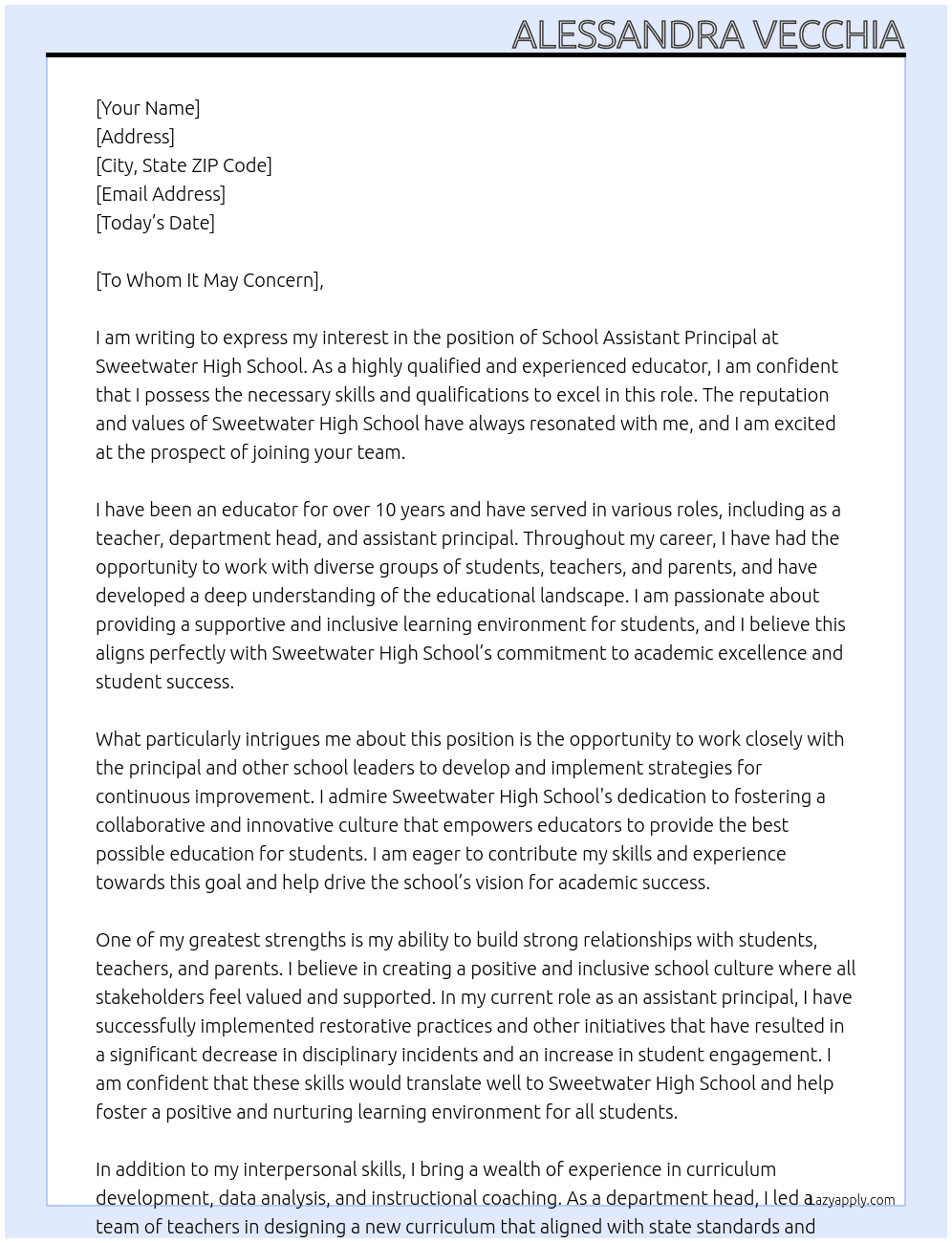 school assistant principal At Sweetwater High School Cover Letter