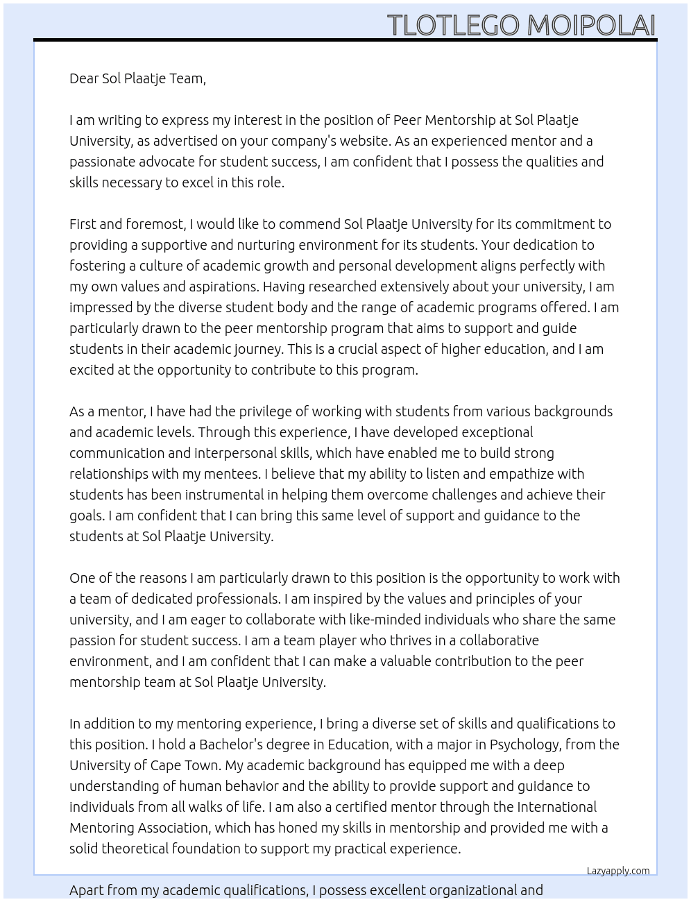 Peer Mentorship At Sol Plaatje University  Cover Letter
