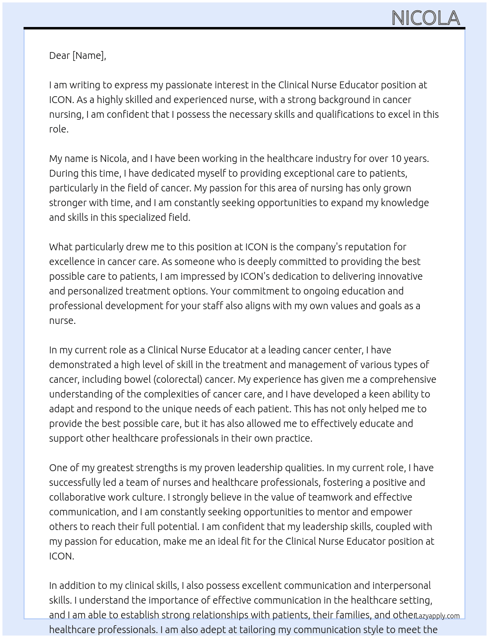 Clinical Nurse Educator  At ICON  Cover Letter
