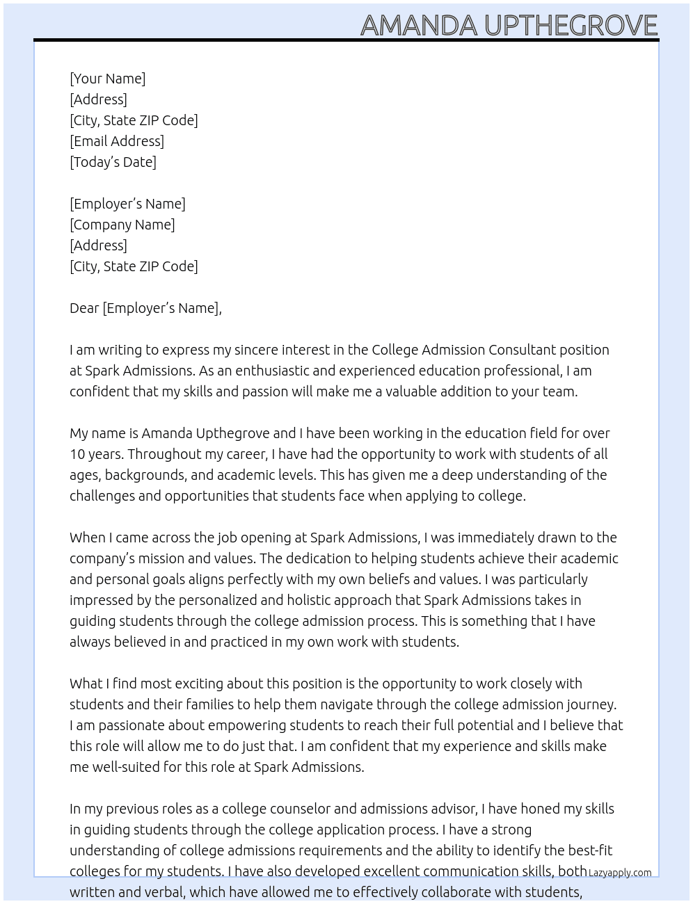College admission consultant  At Spark Admissions  Cover Letter