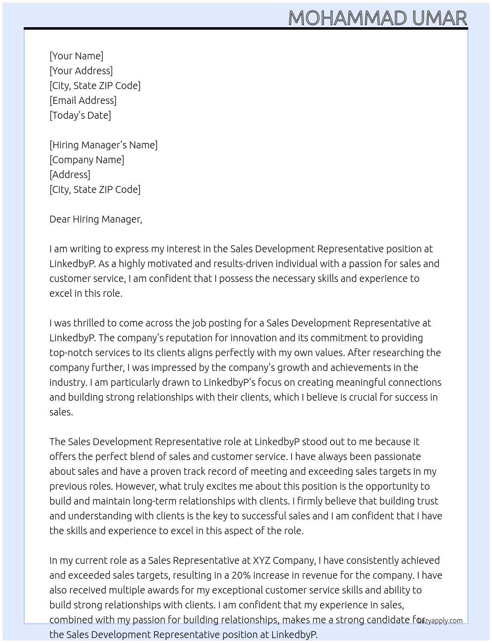 Sales Development Representative At LinkedbyP Cover Letter
